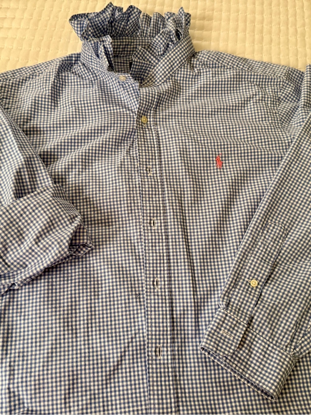 Upcycled Ralph Lauren Blue and White Gingham Ruffles-Collar Shirt. Xl - Picture 5 of 5